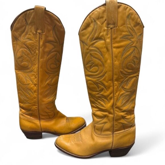 Tony Mora Cowboy Boots Yellow Tall Western Wmns Size 8.5 Stitched Leather 6400 5 - Picture 1 of 12